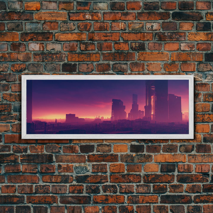 Cyberpunk Cityscape, Ready To Hang Canvas Print, Panoramic, Cyberpunk Concept Art, Cityscape at Sunset, Cool mancave art, Purplewave