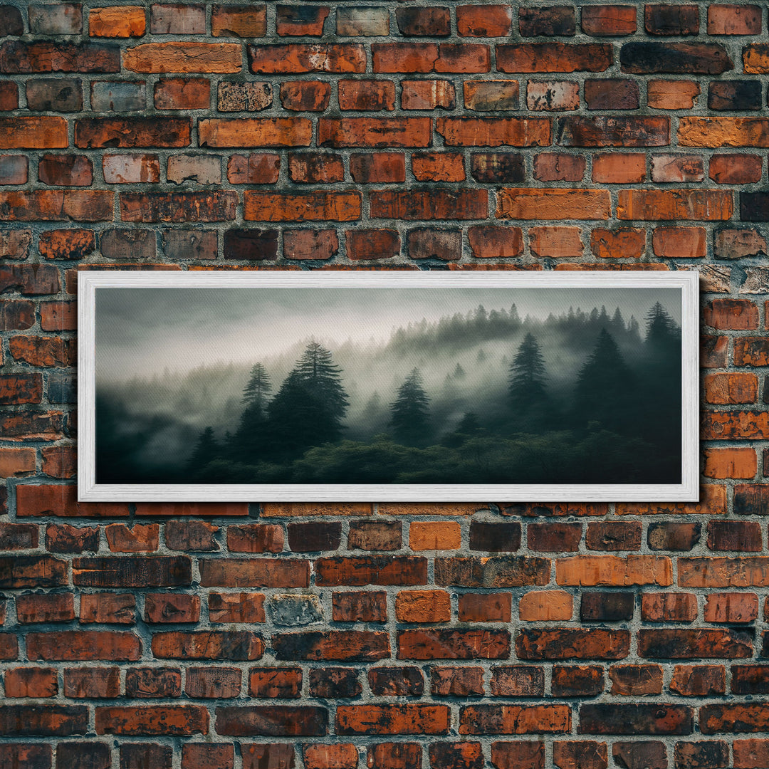 Panoramic watercolor of a misty forest fog, wall art, framed canvas print, farmhouse decor, foggy pine tree forest landscape, cabin art