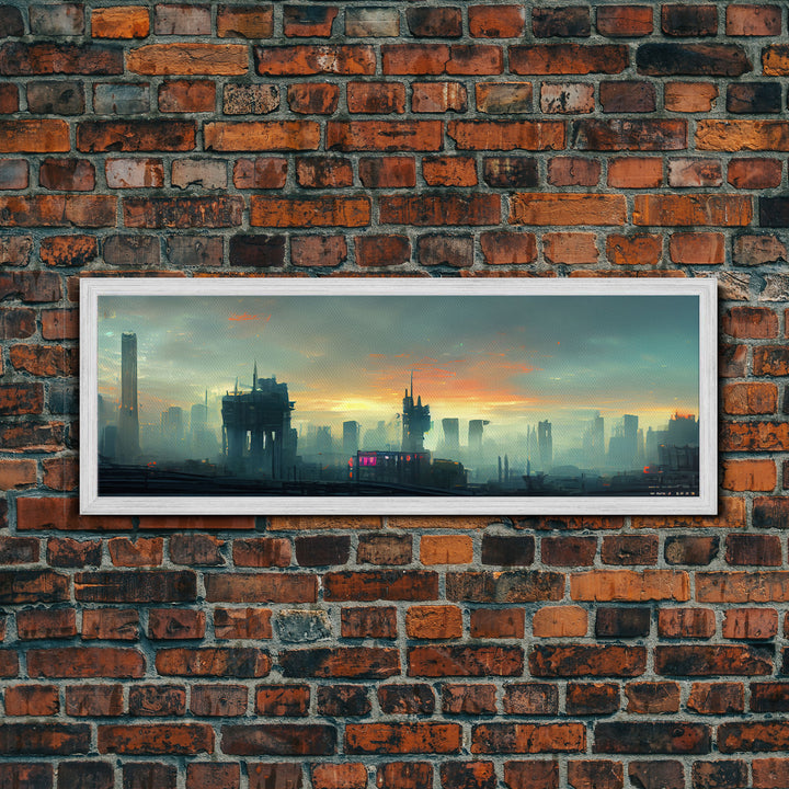 Night City Watercolor, Cyberpunk City, Ready To Hang Canvas Print, Panoramic, Videogame Concept Art, Watercolor Painting Of a Cyberpunk City