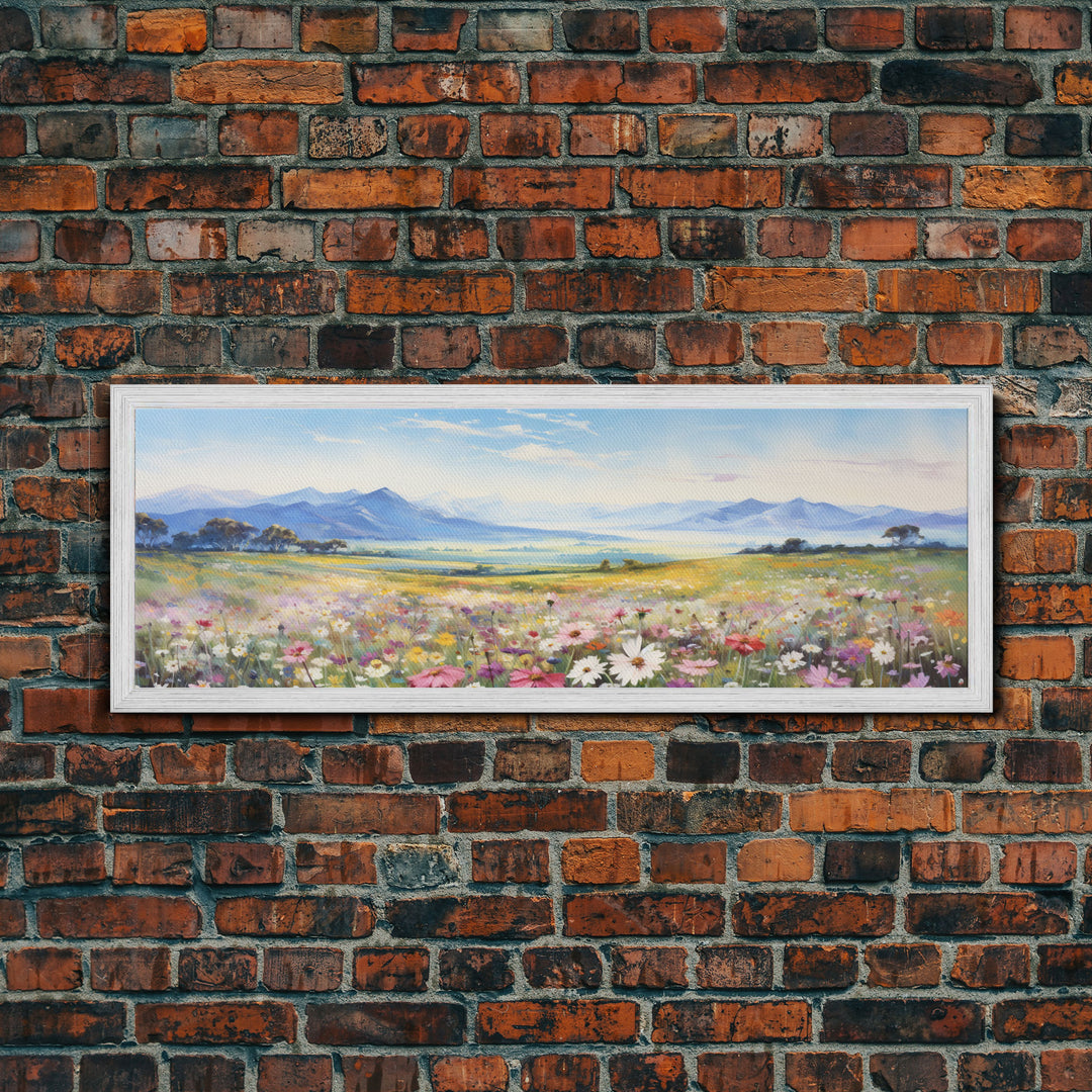 Beautiful Wildflowers Watercolor Painting Framed Canvas Print, Ultra Wide Panoramic Wall Art, 20 x 60 Art, Springtime Decor