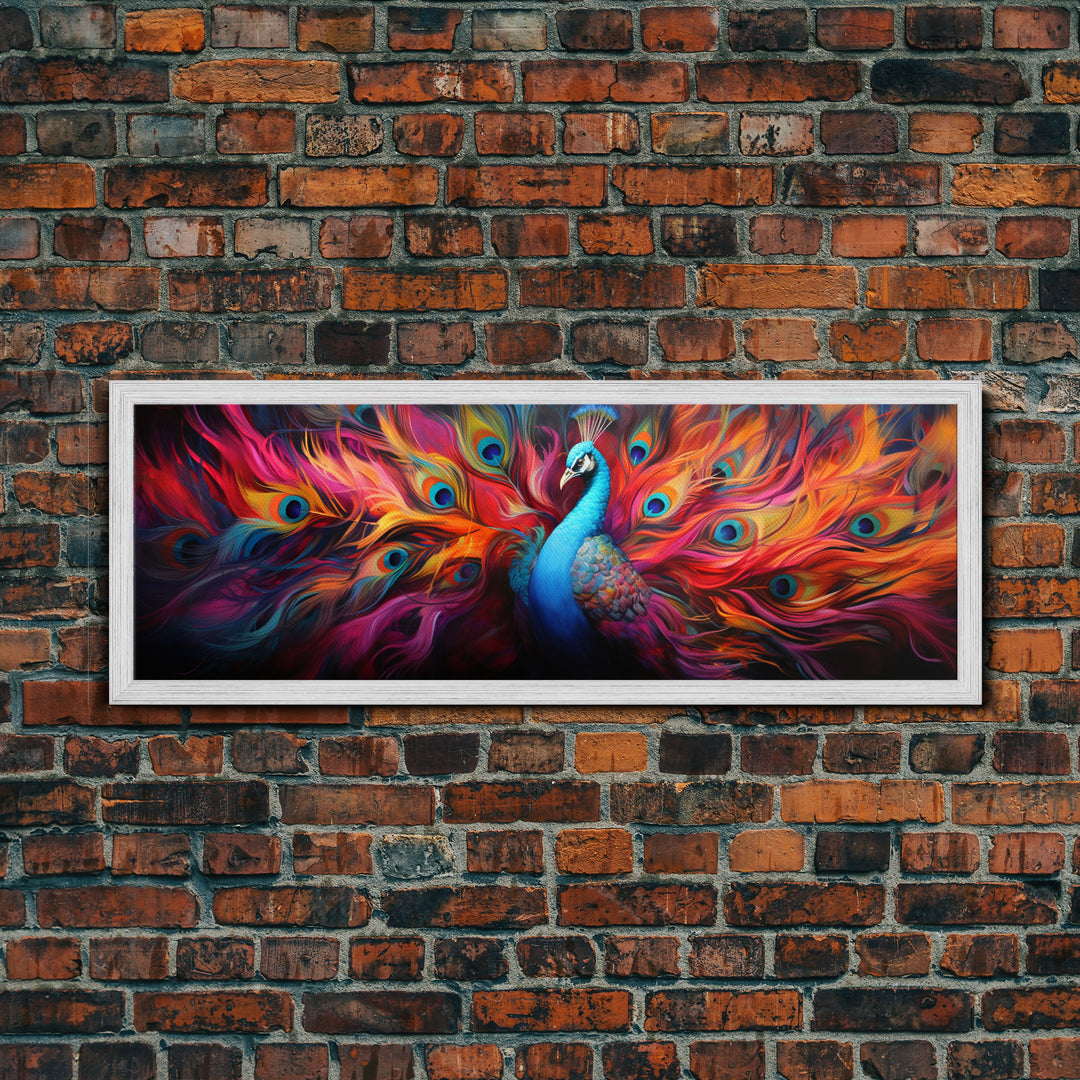 Surreal Peacock Painting Framed Canvas Print, Colorful Minimalist MCM Style Wall Art, Peacock Print