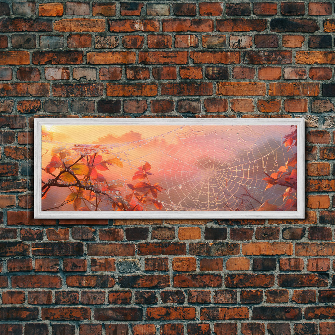 Dew Covered Spiderweb In The Fall, Framed Canvas Print, Autumn Centerpiece, Fall Leaves In The Autumn