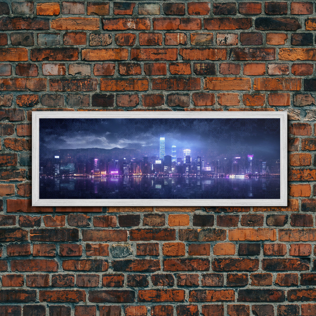 Cyberpunk Hong Kong City Skyline, Framed Canvas Print, Cyberpunk Style Wall Art, Synthwave Decor, Videogame Concept Art