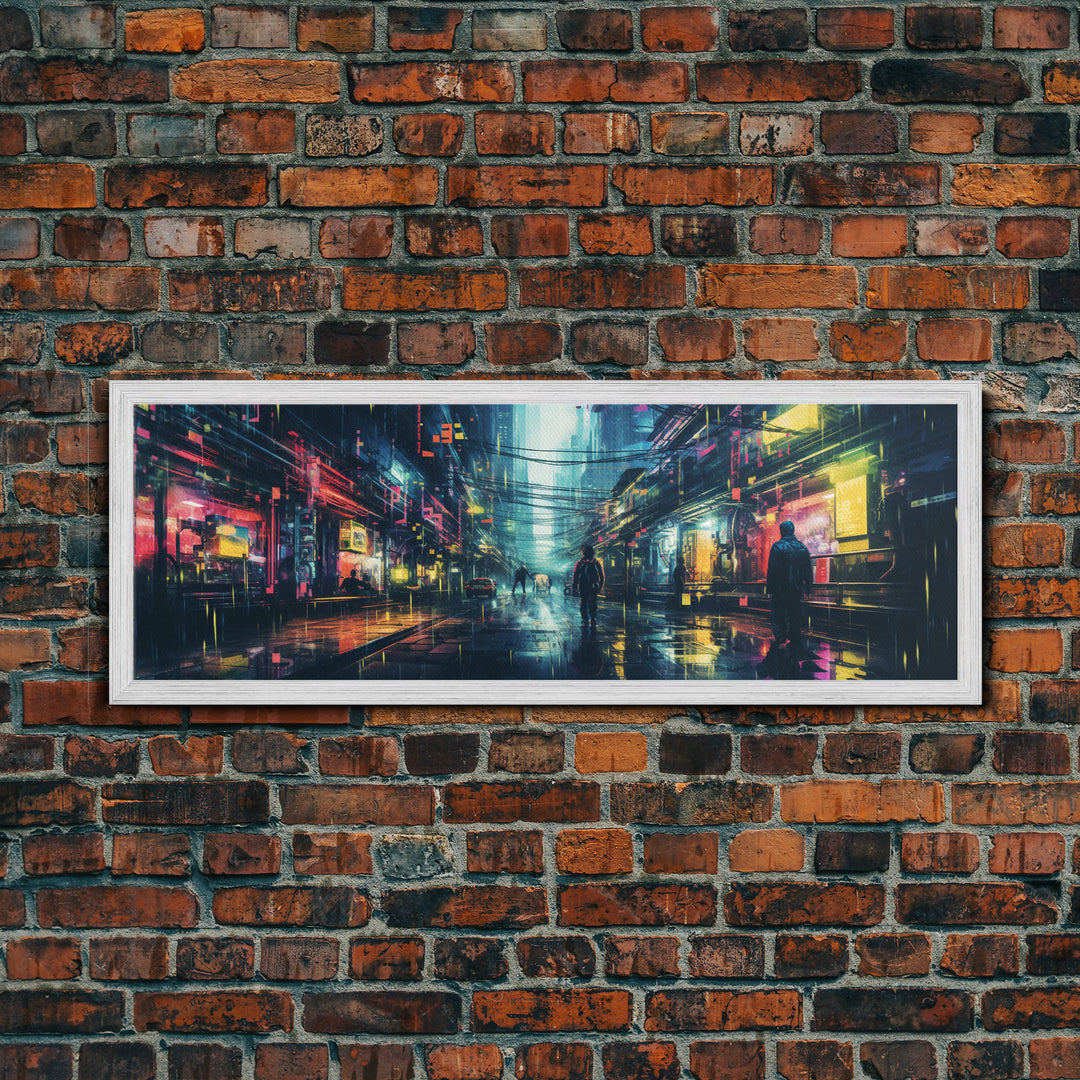 Cyberpunk Tokyo City Streets, Framed Canvas Print, Cyberpunk Style Wall Art, Synthwave Decor, Videogame Concept Art