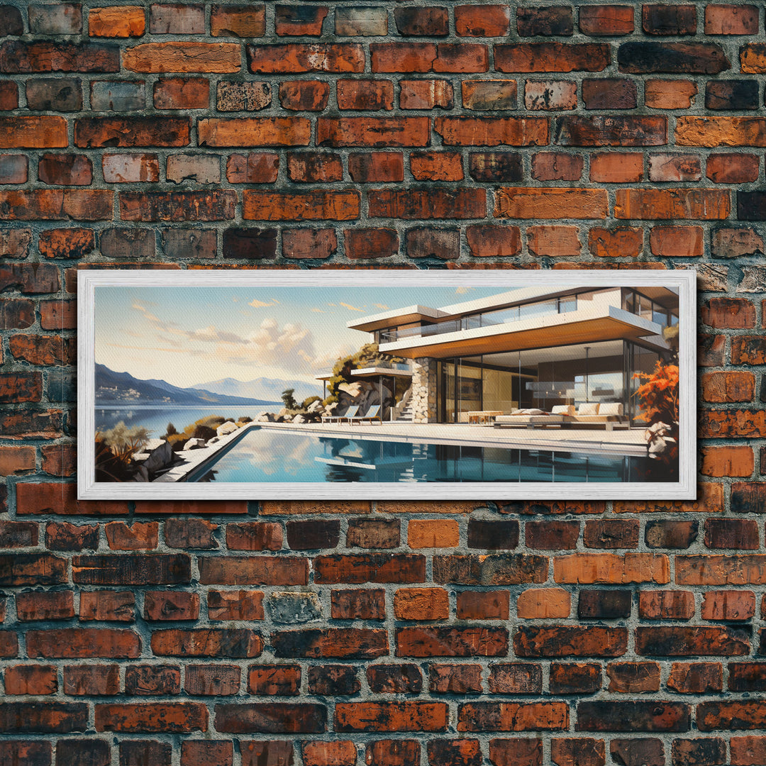 Midcentury Modern Architecture Painting Framed Canvas Print, Beautiful MCM House On Lake Tahoe, Livingroom Centerpiece Wall Art