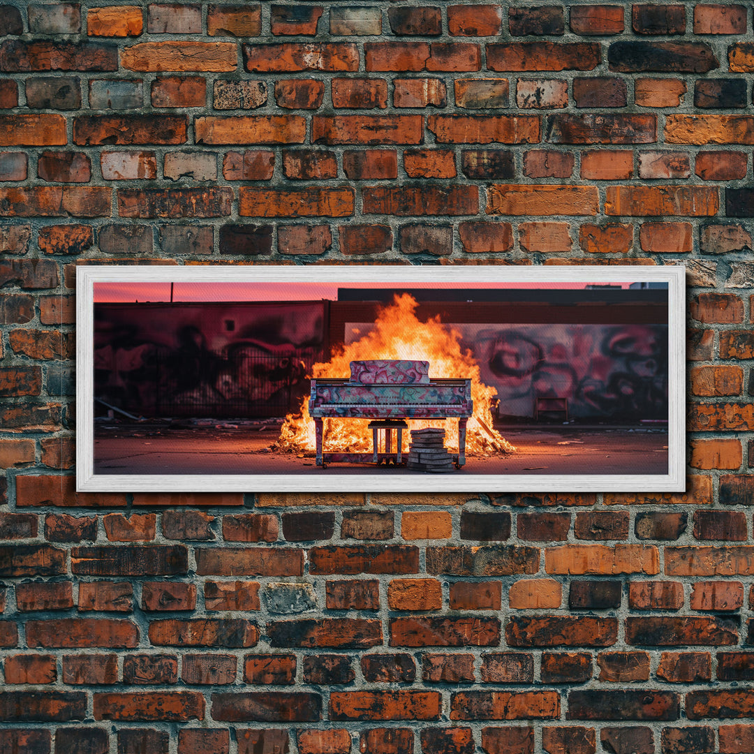 The Burning Piano, Urban Decay Art, Street Art, Framed Canvas Print, Graffiti Art, Panoramic Wall Art