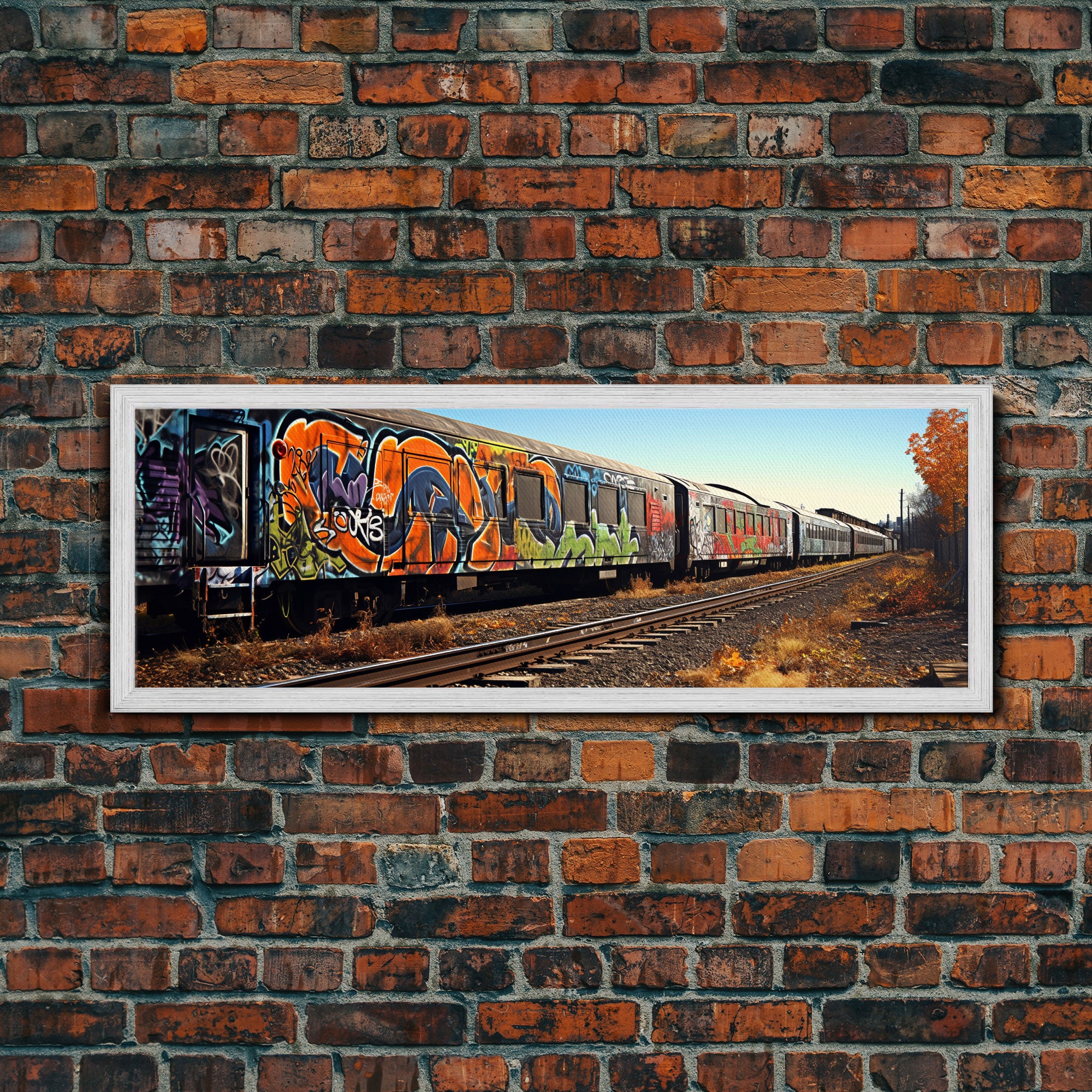 Abandoned Train Tracks, Urban Decay Graffiti Photography, Framed Canvas Print, Industrial Loft Decor, Loft Wall Art, Urban Art