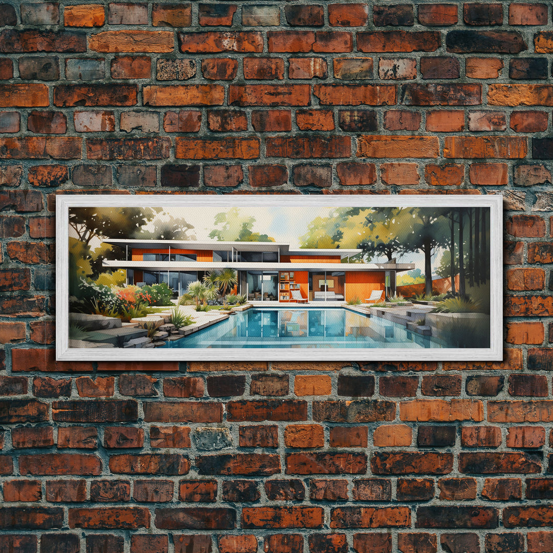 Midcentury Modern Architecture Wall Art, Framed Canvas Print, 50s Style Home Decor, Retro Art, MCM Wall Hanging, Panoramic Art