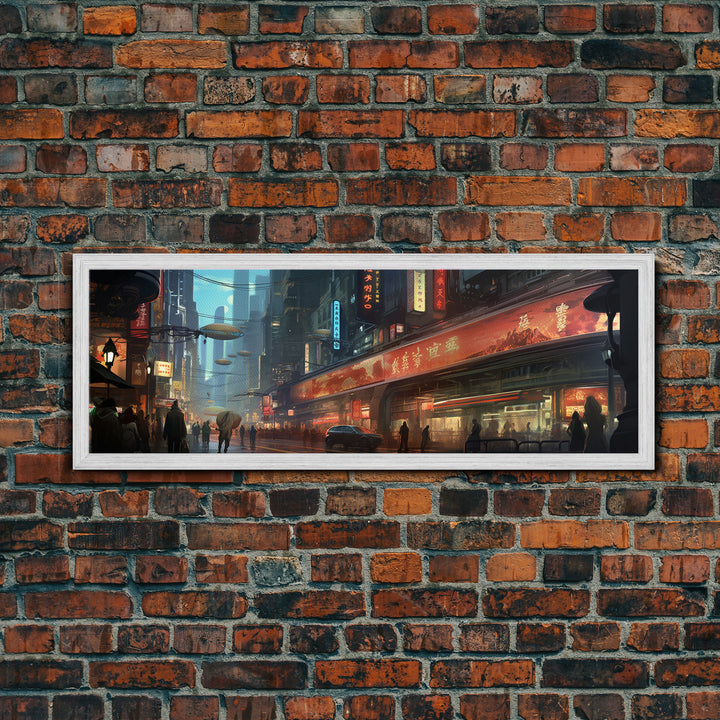 Futuristic Cyberpunk City, Framed Canvas Print, Dystopian Art, Metropolis Painting, Unique Office Decor