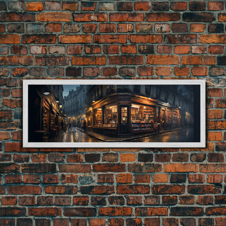 The Book Shop in Paris, Framed Canvas Print, Paris On A Rainy Night, Living Room Decor, Victorian Oil Painting