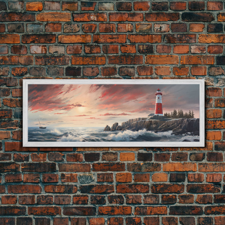 Lighthouse On A Rocky Cliff At Sunset, Framed Canvas Print / Wall Art, Watercolor Painting of a Nautical Scene