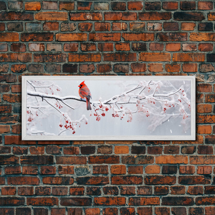 Panoramic Print of a Cardinal In A Snow Storm, Winter Decor, Christmas Centerpiece, Beautiful Animal Print, Animal Painting, Canvas Print