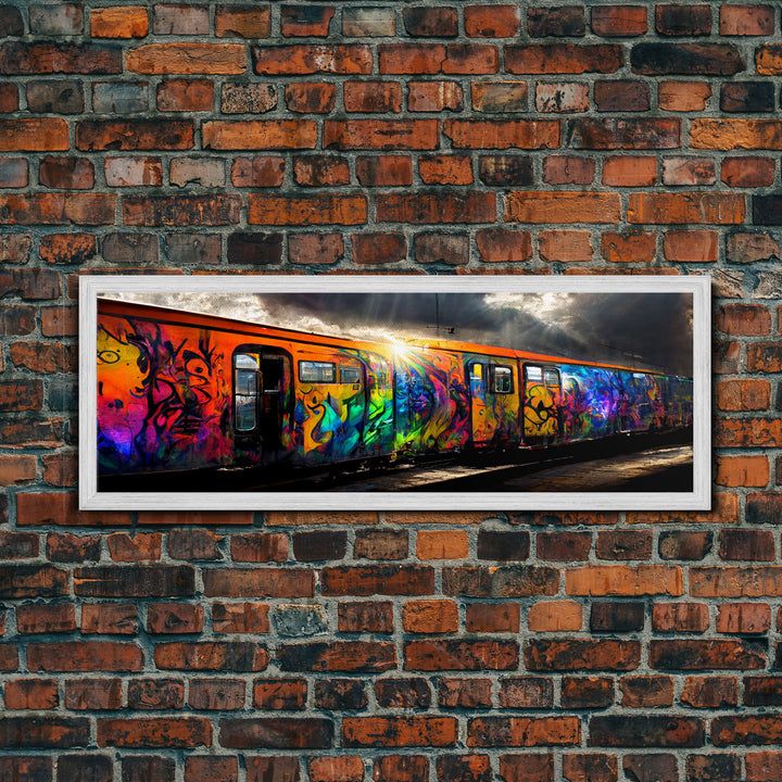 Graffiti Covered Train, Colorful Graffiti Art, Extra Large Wall Art, Framed Panoramic Canvas Print, Framed Wall Decor | Wall Art