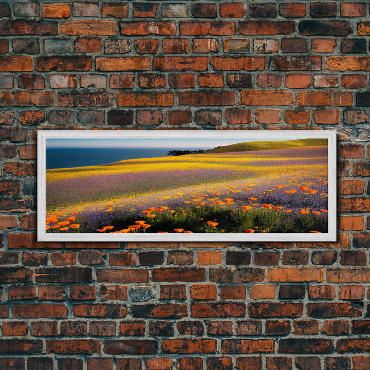 Orange and Purple Flowers in Bloom, Office Poster, Extra Large Wall Art, Framed Panoramic Canvas Print, Framed Wall Decor