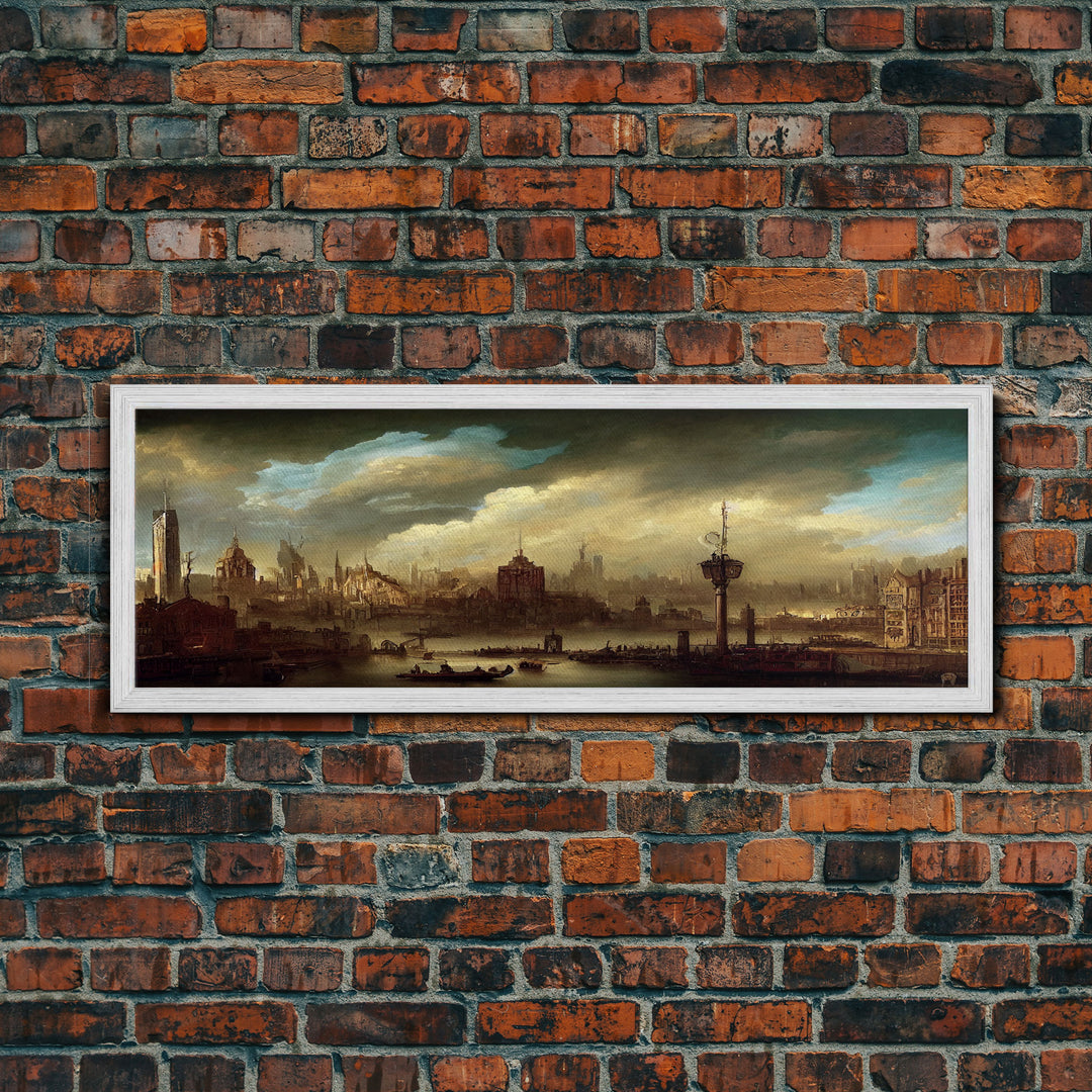 Steampunk Victorian Cityscape, Extra Large Wall Art, Framed Panoramic Canvas Print, Framed Wall Art