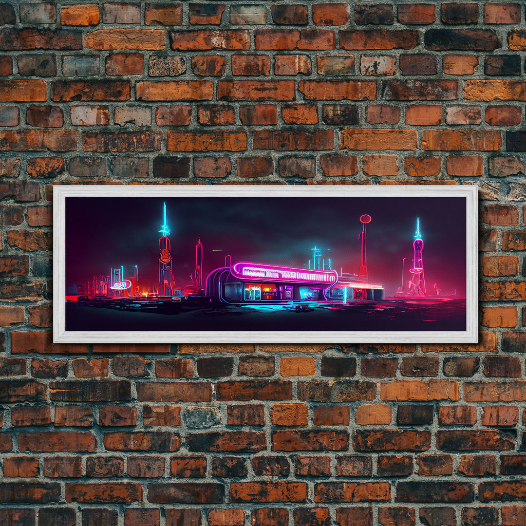 Neon Cyberpunk Atomic Age Diner, Extra Large Wall Art, Framed Panoramic Canvas Print, Framed Wall Art