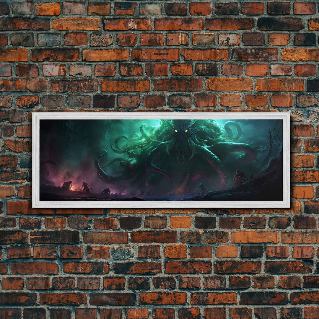 Rise Of Cthulhu Framed Canvas Print, Panoramic Call of Cthulhu H.P. Lovecraft Cosmic Horror Steampunk Gothic Darrk Art Wall Decor