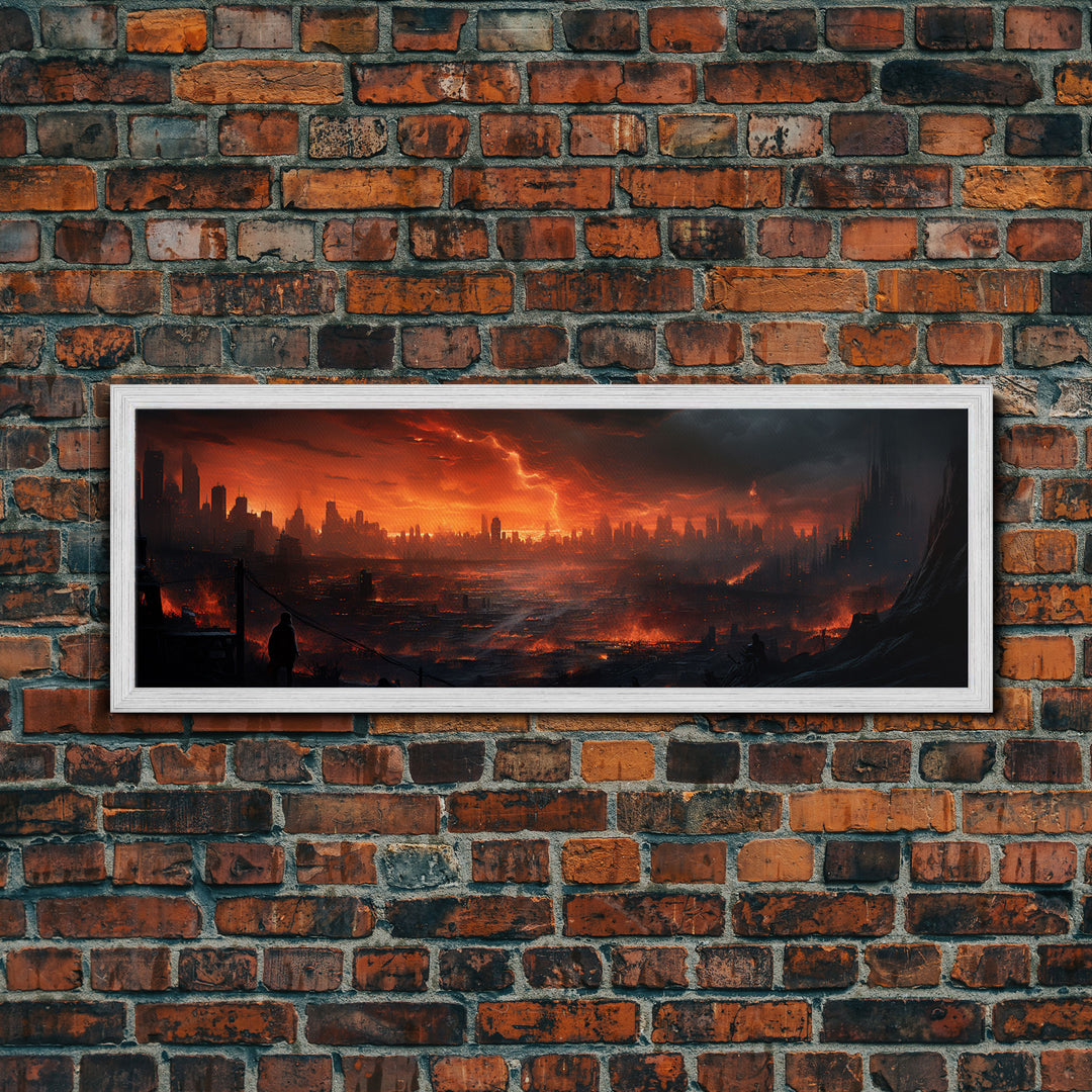 The Burning City Panoramic Canvas Print, Framed Halloween Art, Spooky Decor, Halloween Art, Halloween Wall Art, Halloween Art Print