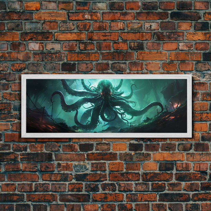 Rise Of Cthulhu Framed Canvas Print, Panoramic Call of Cthulhu H.P. Lovecraft Cosmic Horror Steampunk Gothic Darrk Art Wall Decor