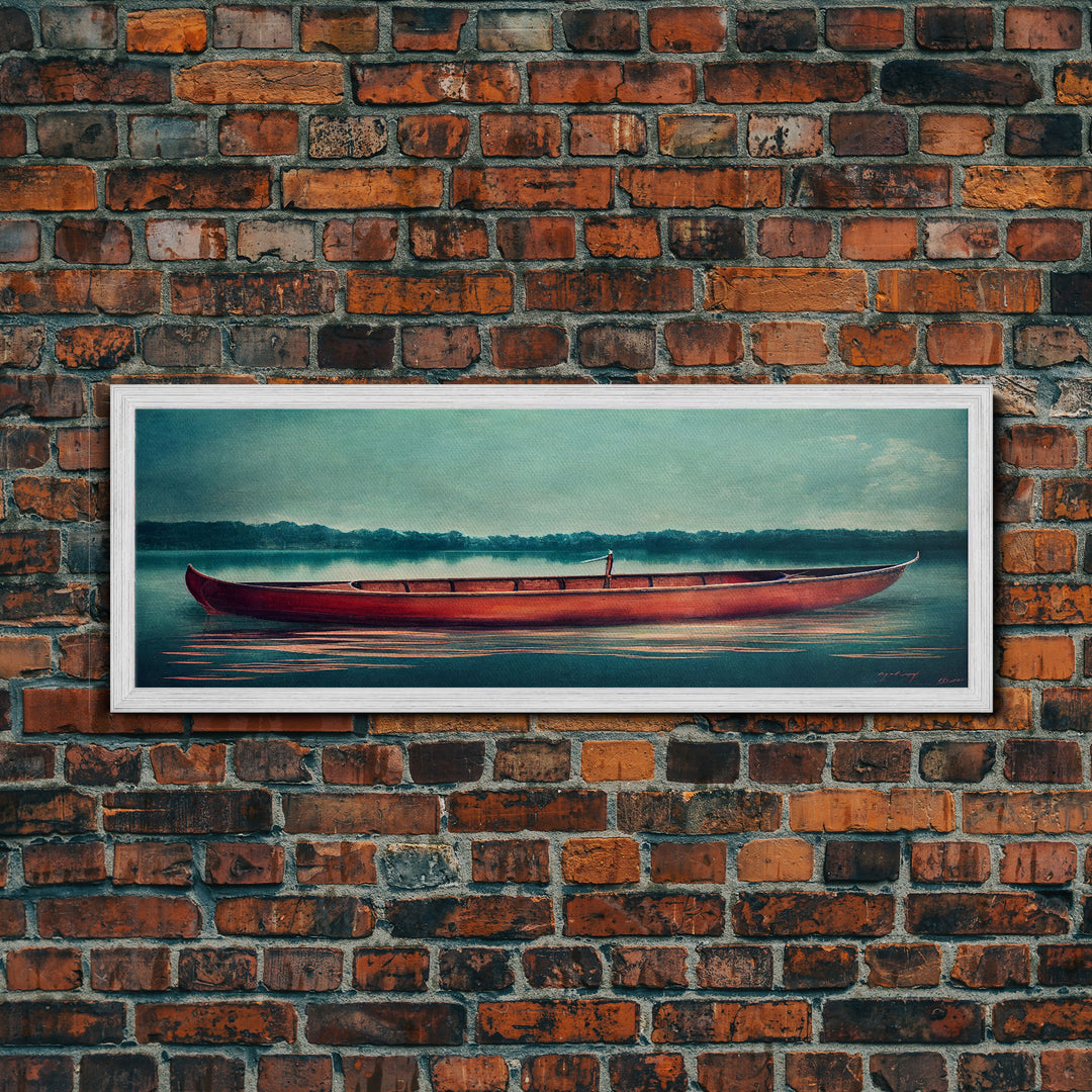 Cool Lakehouse Art, Canoe on the Lake Watercolor, Extra Large Wall Art, Framed Panoramic Canvas Print, Framed Wall Decor