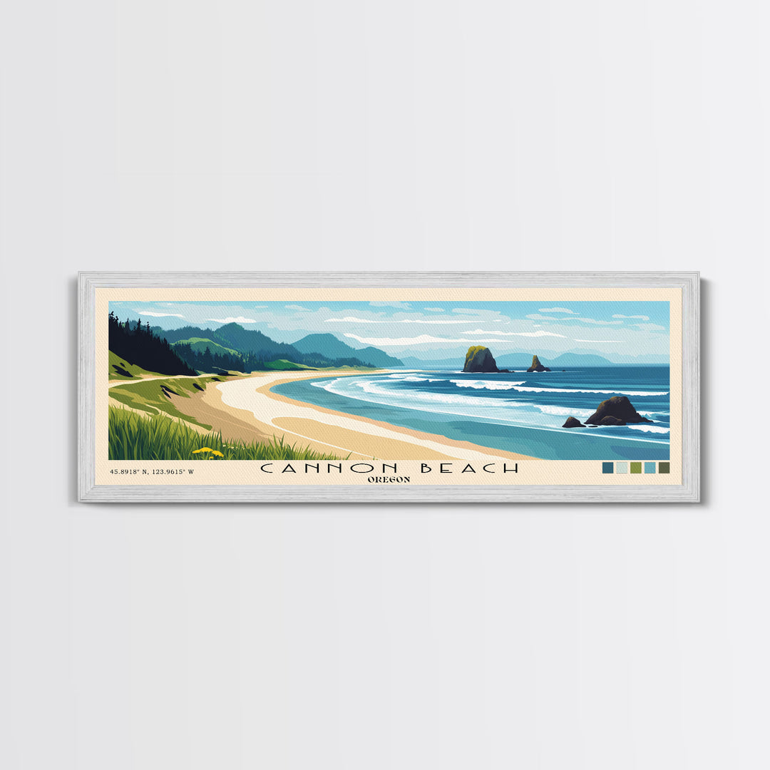 Cannon Beach, Oregon Panoramic Beach Print, Vacation Gift, Oregon Wall Art, Beach Painting, Beach Decor, Beach Painting