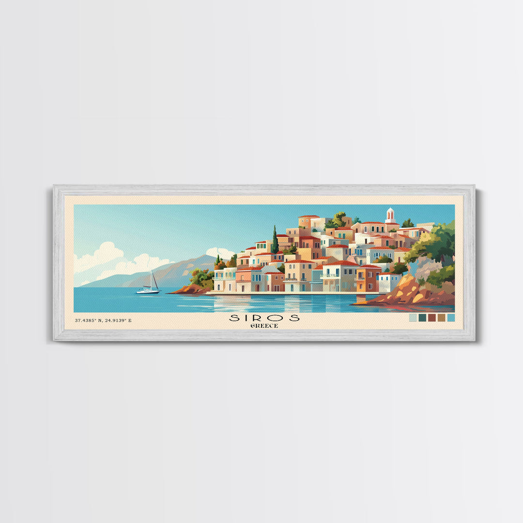 Siros, Greece Panoramic Print, Vacation Gift, Greece Wall Art, Beach Painting, Beach Decor, Beach Or Lakehouse Art