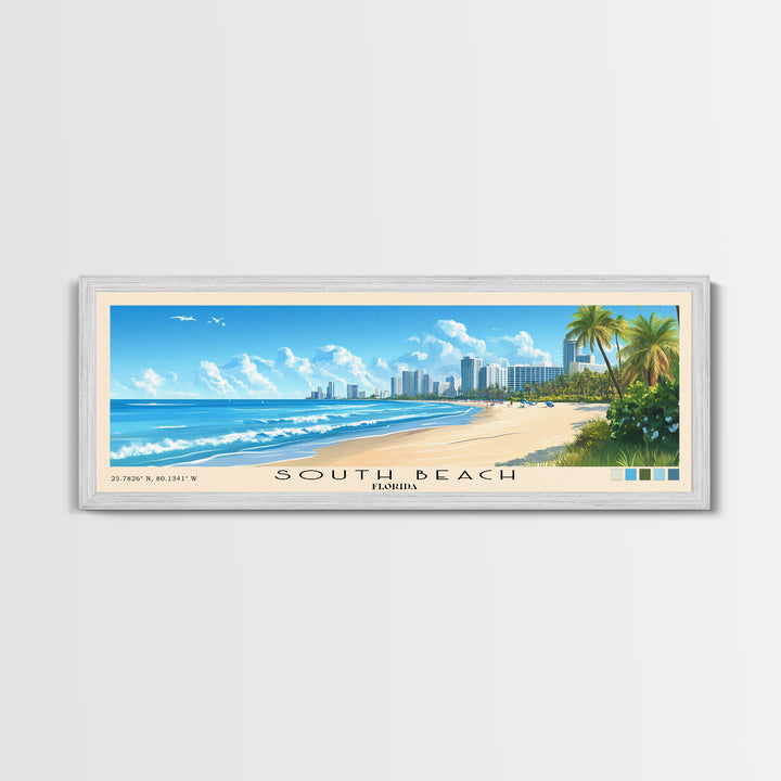 South Beach, Florida Panoramic Print, Vacation Gift, Florida Wall Art, Beach Painting, Beach Decor, Beach Or Lakehouse Art