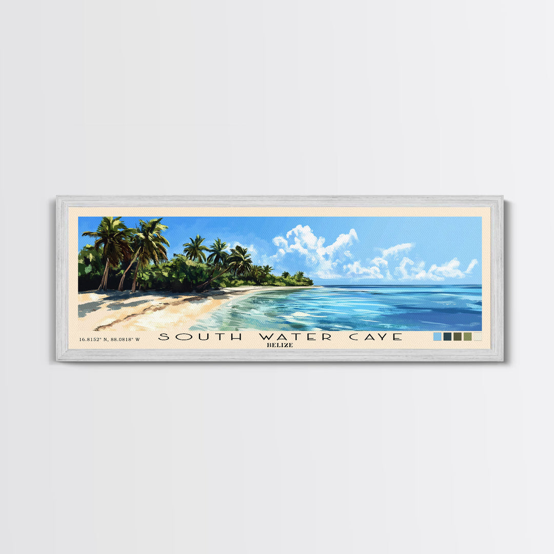 South Water Caye, Belize Panoramic Beach Print, Vacation Gift, Belize Wall Art, Framed Canvas Print, Framed Beach Painting