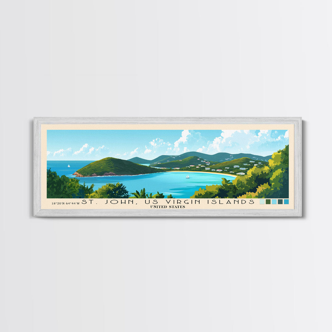 St. John, US Virgin Islands, United States Panoramic Beach Print, Vacation Gift, United States Wall Art, Framed Canvas Print, Framed Beach Painting