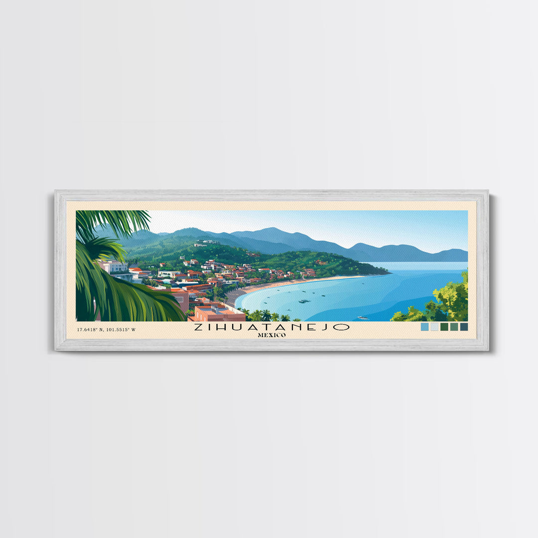 Zihuatanejo, Mexico Panoramic Beach Print, Vacation Gift, Mexico Wall Art, Framed Canvas Print, Framed Beach Painting