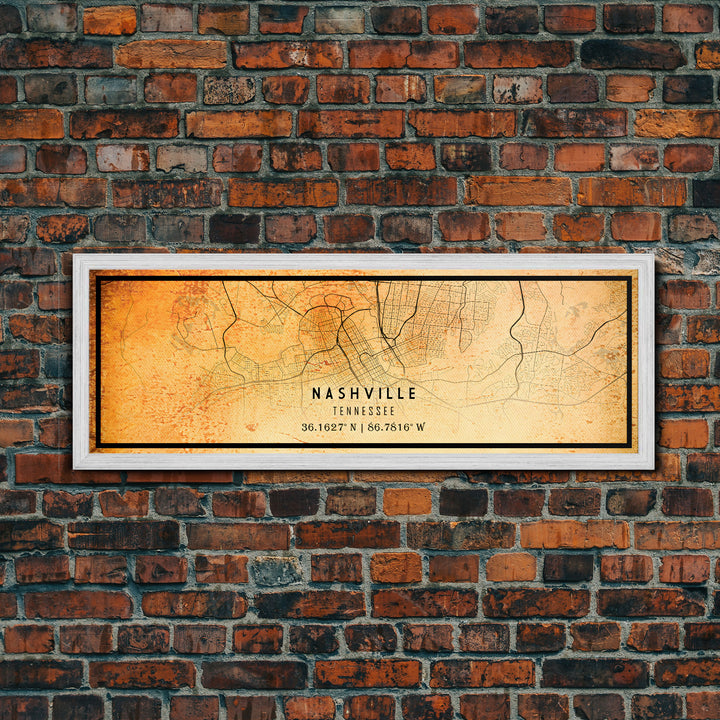 Panoramic Nashville Map Print, Framed Canvas Wall Art, Tennessee Street Map Art, Davidson City Street Road Map Wall Decor Panoramic Art