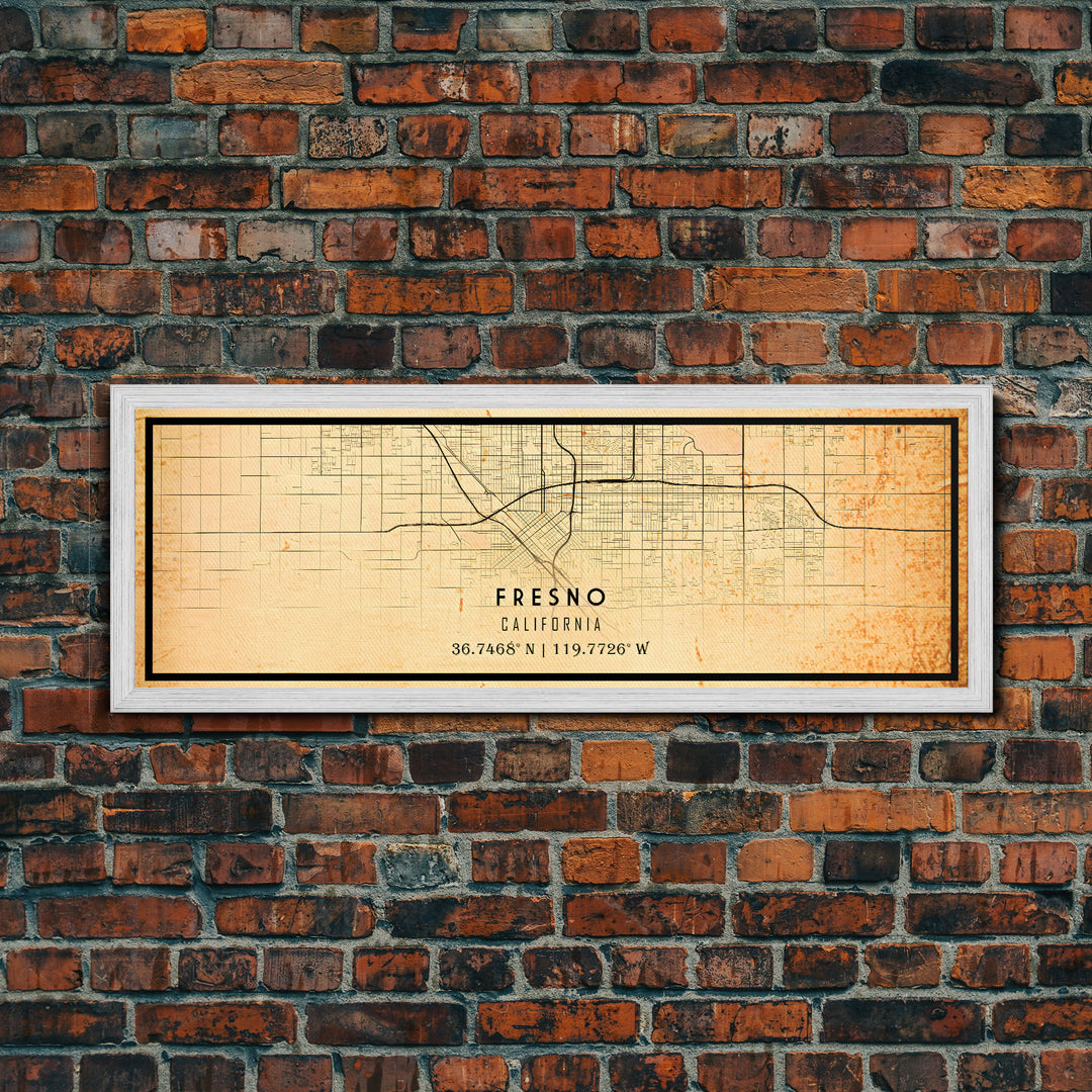 Panoramic Distressed Fresno California Map, Framed Canvas Print Or Poster, California Map Print, City Wall Art Map Print, Rustic Map Art