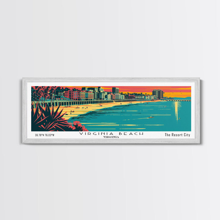 Virginia Beach Virginia Panoramic Travel Poster Framed Canvas Print, Mid Century Modern Art, Pop Art Style, Wall Art, Home Decor, Retro Style Art