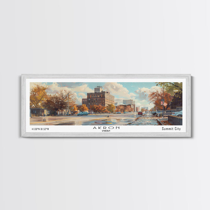 Akron Ohio Panoramic Watercolor Painting, Framed Canvas Print, Scenic City Art, Travel Poster, Wall Decor, Living Room Art, Office Wall Art