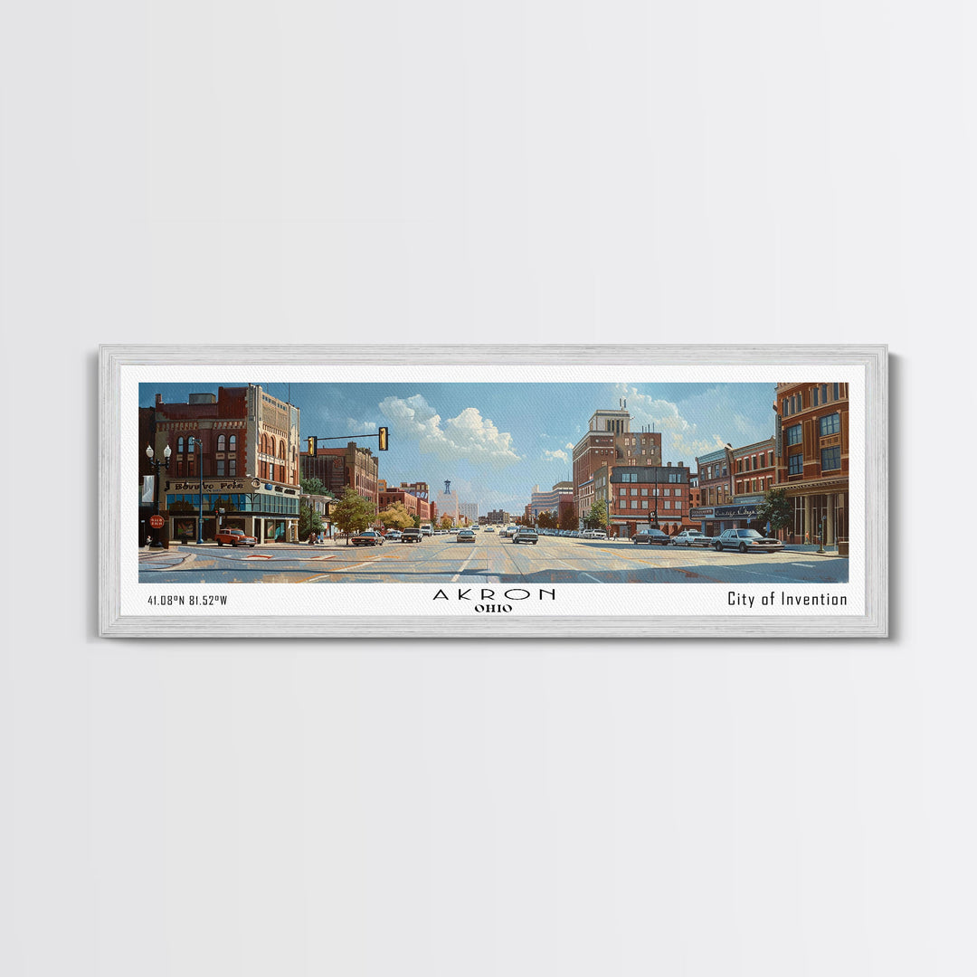 Akron Ohio Panoramic Painting, Watercolor Framed Canvas Print, Scenic Cityscape, Travel Poster, Home Decor, Wall Hanging, Living Room Art