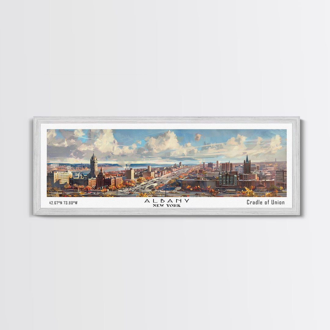 Albany New York Panoramic Painting, Watercolor Framed Canvas Print, Scenic City Art, Travel Poster, Home Decor, Wall Art, Gift Idea