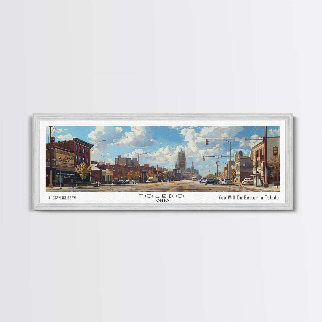 Toledo Ohio Panoramic Framed Canvas Print, Retro Style Wall Art, Living Room Decor, Unique Travel Poster, Artistic Office Gift, Original Artwork