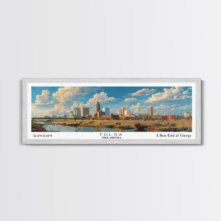 Tulsa Oklahoma Panoramic Framed Canvas Print, Retro Wall Art, Travel Poster, Artistic Living Room Decor, Unique Office Gift, Original Artwork