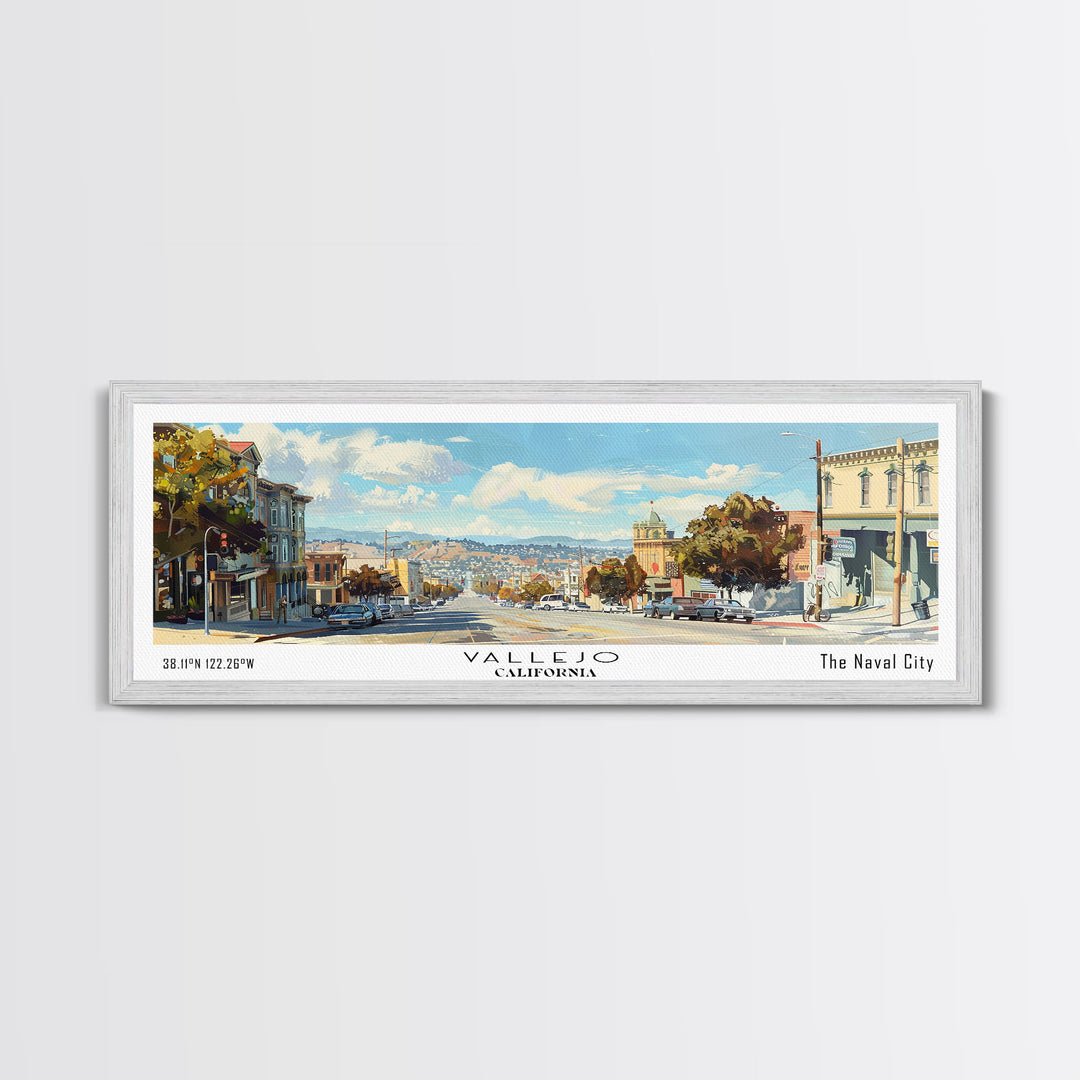 Vallejo California Panoramic Framed Canvas Print, Retro Travel Poster, Unique Wall Art, Artistic Living Room Decor, Office Gift, Home Decoration