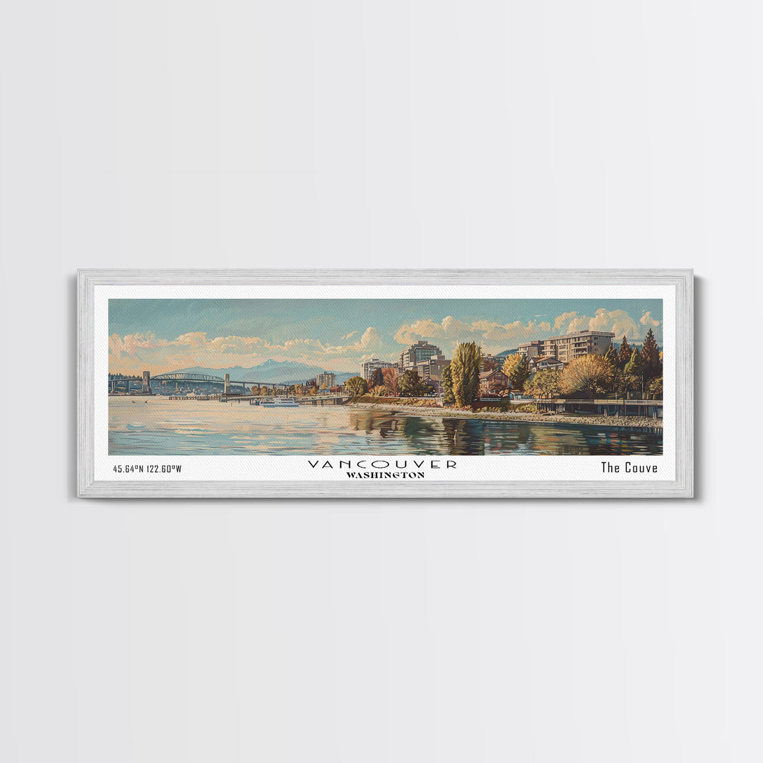 Vancouver Washington Panoramic Framed Canvas Print, Retro Style Wall Art, Unique Travel Poster, Artistic Living Room Decor, Office Gift Idea