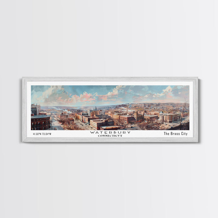 Waterbury Connecticut Panoramic Framed Canvas Print, Vintage Travel Poster, Artistic Wall Art, Unique Home Decor, Office Gift Idea