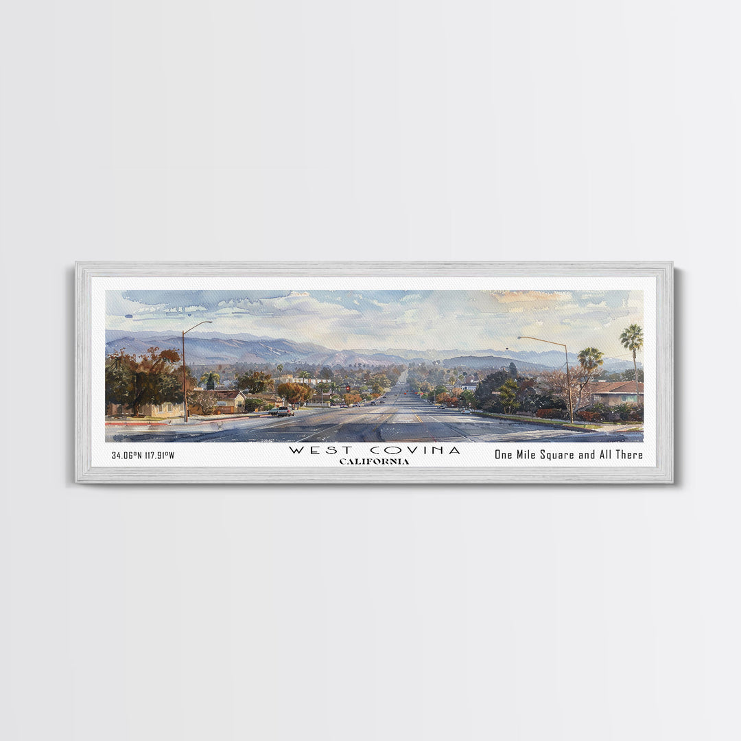 West Covina California Panoramic Painting, Framed Canvas Print, Vintage Travel Poster, Artistic Home Decor, Unique Office Wall Art