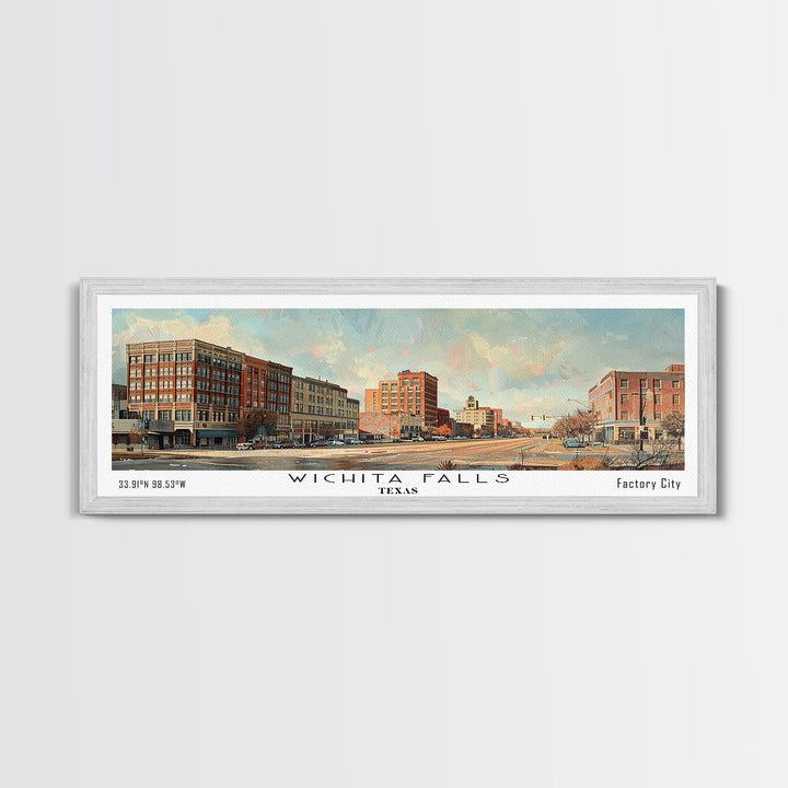 Wichita Falls Texas Panoramic Framed Canvas Print, Vintage Travel Poster, Unique Wall Art, Artistic Living Room Decor, Office Gift Idea