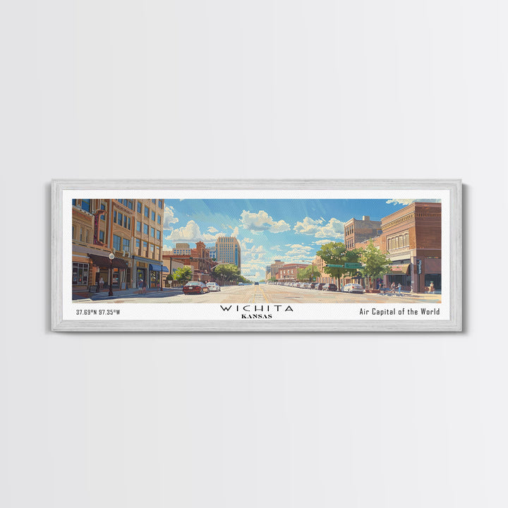 Wichita Kansas Panoramic Framed Canvas Print, Retro Travel Poster, Artistic Wall Art, Unique Living Room Decor, Office Gift, Original Artwork