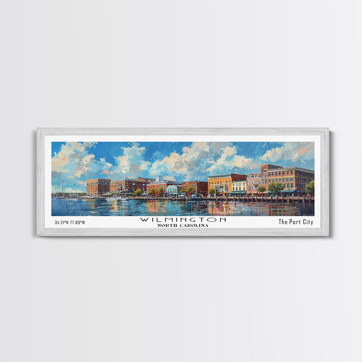 Wilmington North Carolina Panoramic Framed Canvas Print, Retro Style Travel Poster, Artistic Wall Art, Unique Office Decor, Living Room Gift