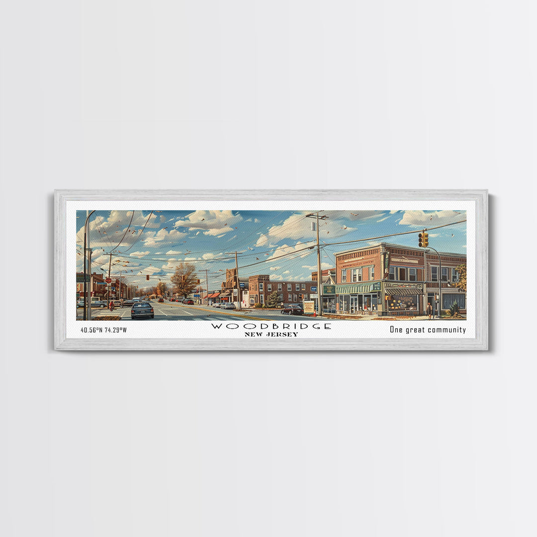 Woodbridge New Jersey Panoramic Painting, Framed Canvas Print, Retro Style Travel Poster, Artistic Wall Art, Unique Home Decor, Office Gift Idea