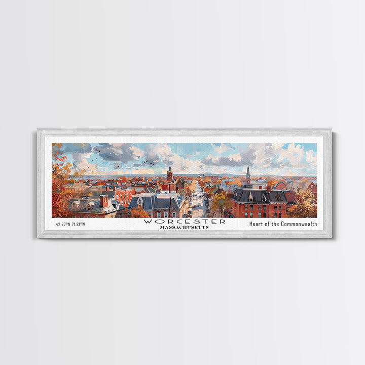 Worcester Massachusetts Panoramic Framed Canvas Print, Vintage Travel Poster, Artistic Wall Art, Unique Living Room Decor, Office Gift, Home Decoration