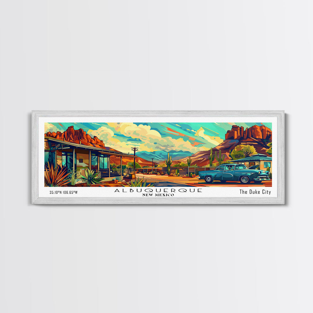 Albuquerque New Mexico Panoramic Painting Framed Canvas Print, Mid Century Modern Art, Pop Art Style, Travel Poster, Wall Art Decor