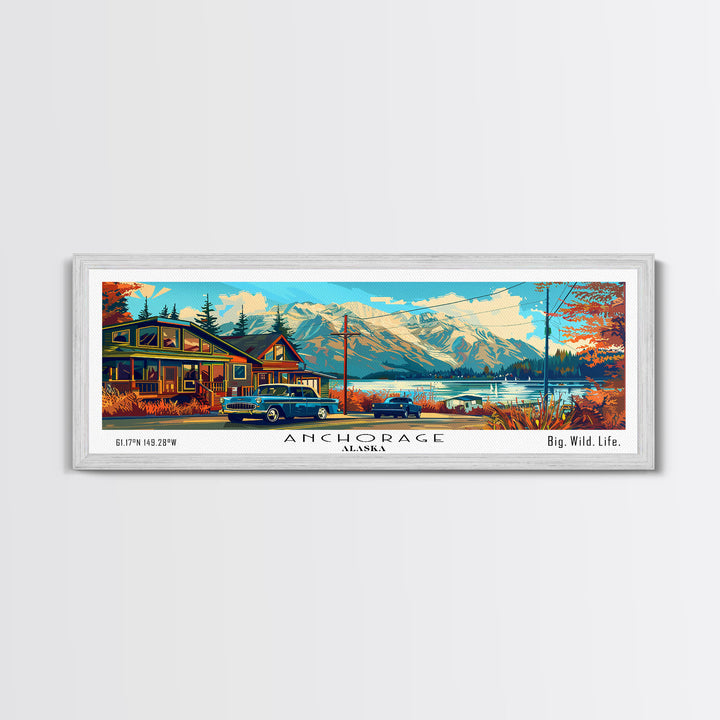 Anchorage Alaska Panoramic Travel Poster Framed Canvas Print, Mid Century Modern Art, Pop Art Style, Wall Art Decor, Home Decoration