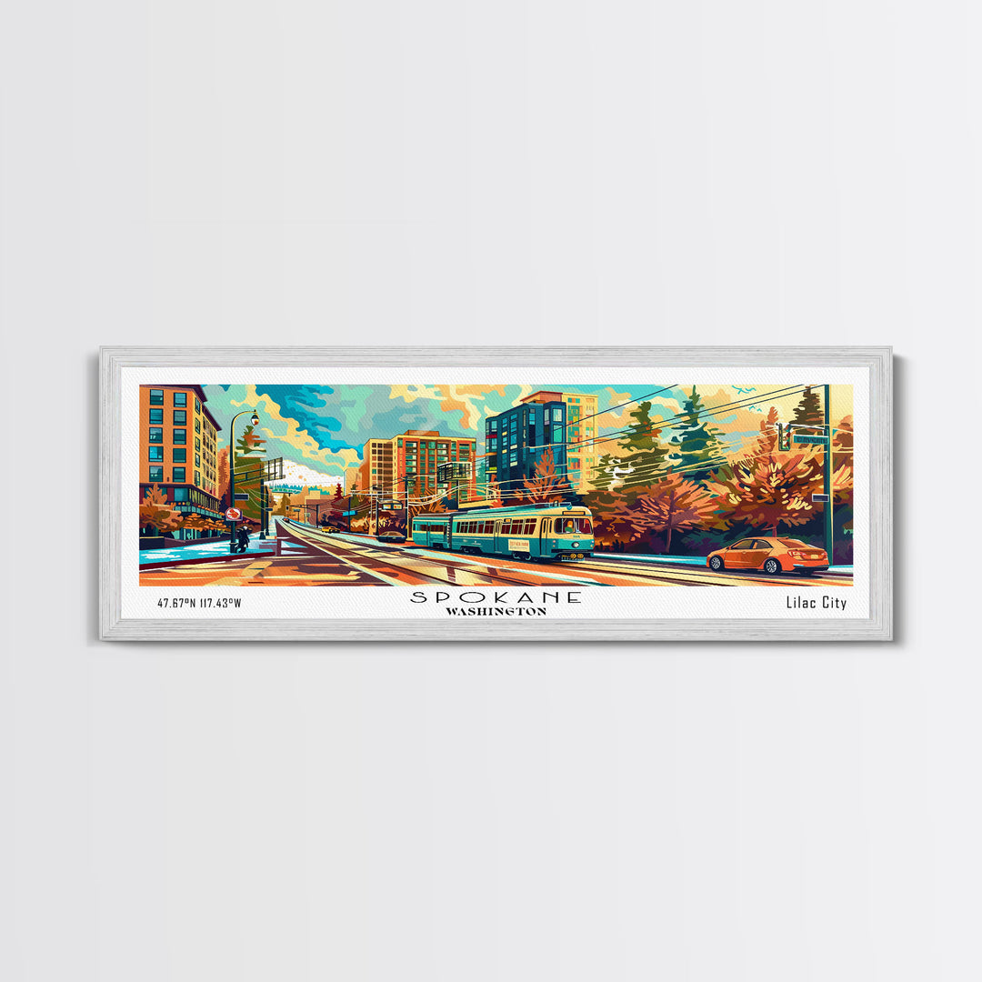 Spokane Washington Panoramic Painting, Mid Century Modern Framed Canvas Print, Retro Pop Art Travel Poster, Wall Decor, Office Art